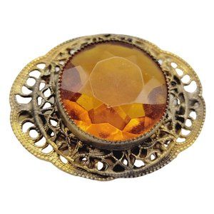 Antique Czech Glass Brass w/ Saw Tooth Bezel Brooch (A352)